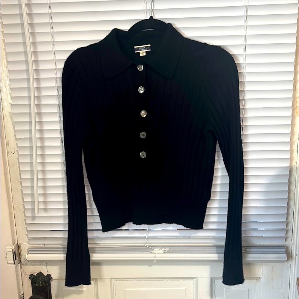J. Crew Black Fitted Polo Collar Button Down Sweater